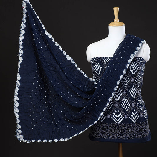 Blue - 3pc Kutch Bandhani Tie-Dye Mirror Work Satin Cotton Suit Material Set