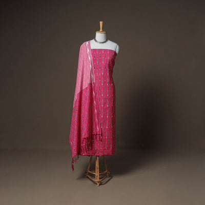 Pochampally Ikat Woven Cotton Unstitched Dress Material: Kurta, Bottom & Dupatta 09