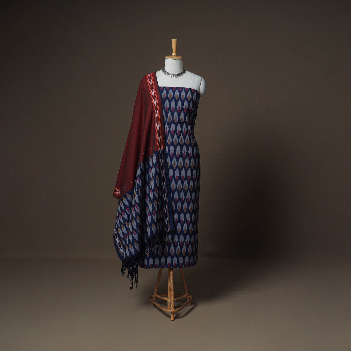 Pochampally Ikat Woven Cotton Unstitched Dress Material: Kurta, Bottom & Dupatta 10
