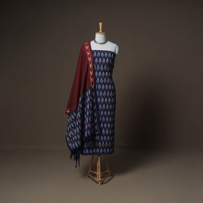 Pochampally Ikat Woven Cotton Unstitched Dress Material: Kurta, Bottom & Dupatta 10