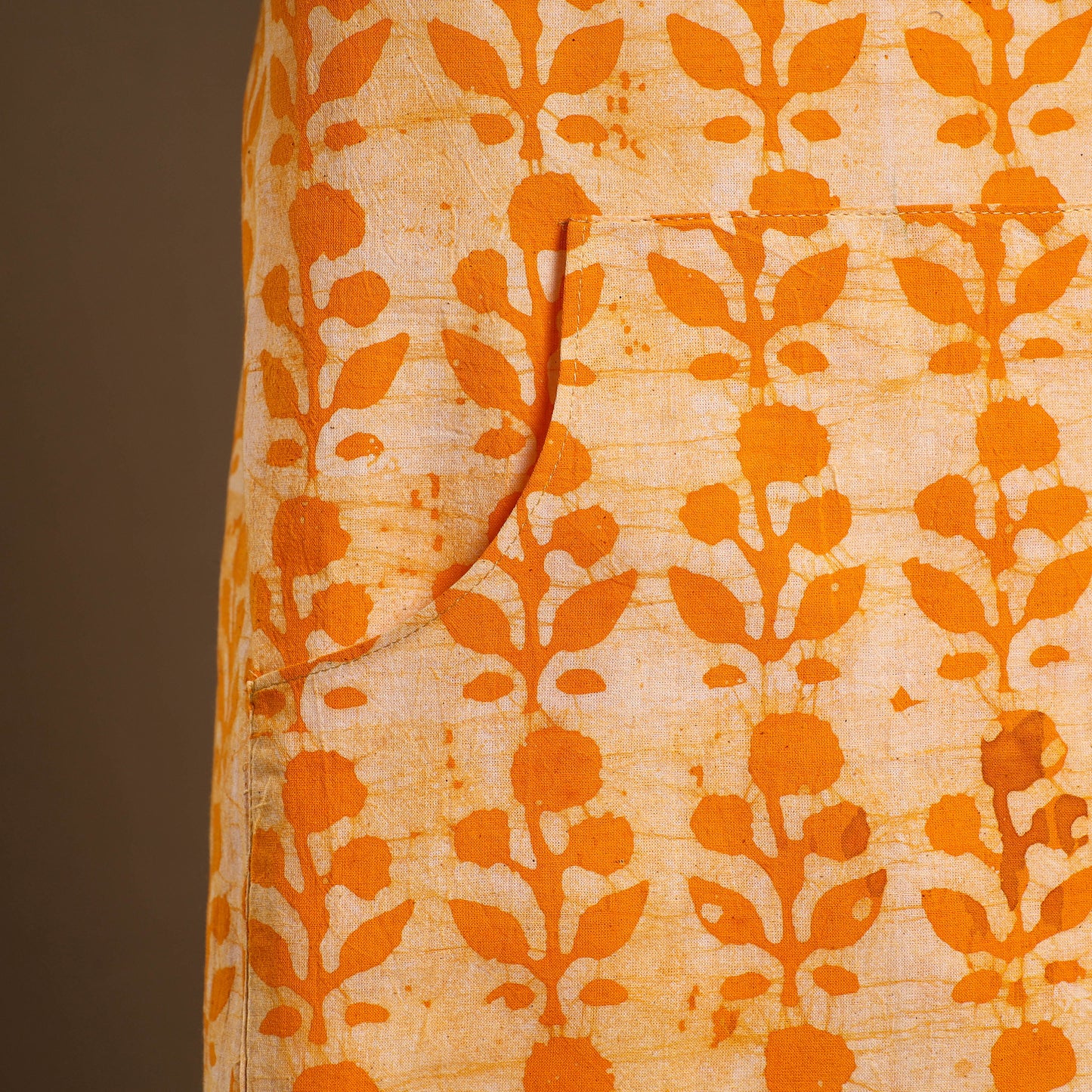 Orange Hand Batik Print Cotton Apron with Pocket