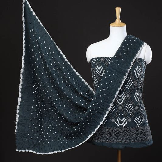 Black - 3pc Kutch Bandhani Tie-Dye Mirror Work Satin Cotton Suit Material Set