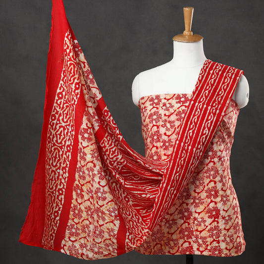 Red - 3pc Kutch Batik Printed Cotton Suit Material Set 01