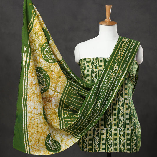 Green - 3pc Kutch Batik Printed Cotton Suit Material Set 02