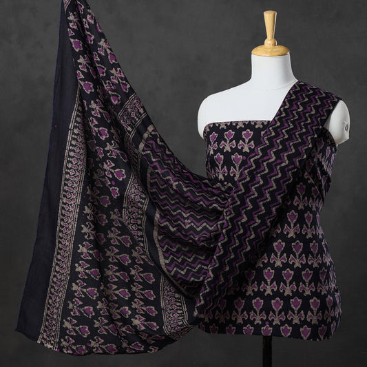 Black - 3pc Kutch Batik Printed Cotton Suit Material Set 05
