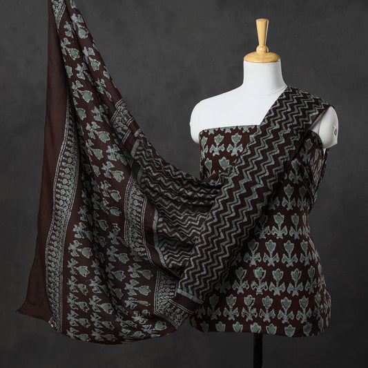 Brown - 3pc Kutch Batik Printed Cotton Suit Material Set 06