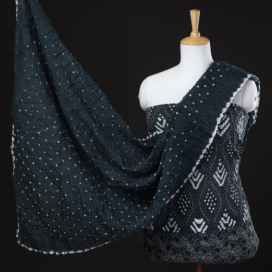 Black - 3pc Kutch Bandhani Tie-Dye Mirror Work Satin Cotton Suit Material Set