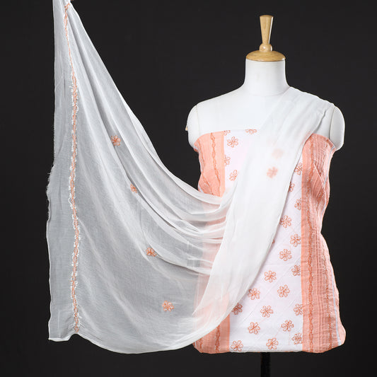 Orange - 3pc Lucknow Chikankari Hand Embroidery Cotton Suit Material Set