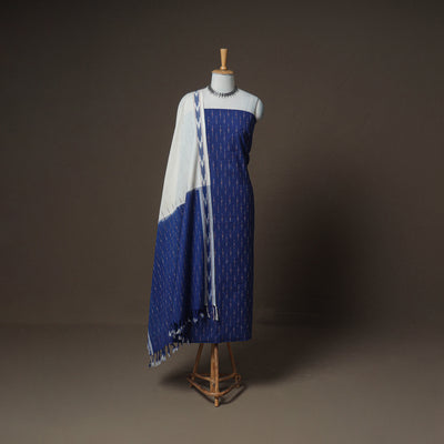 Pochampally Ikat Woven Cotton Unstitched Dress Material: Kurta, Bottom & Dupatta 12