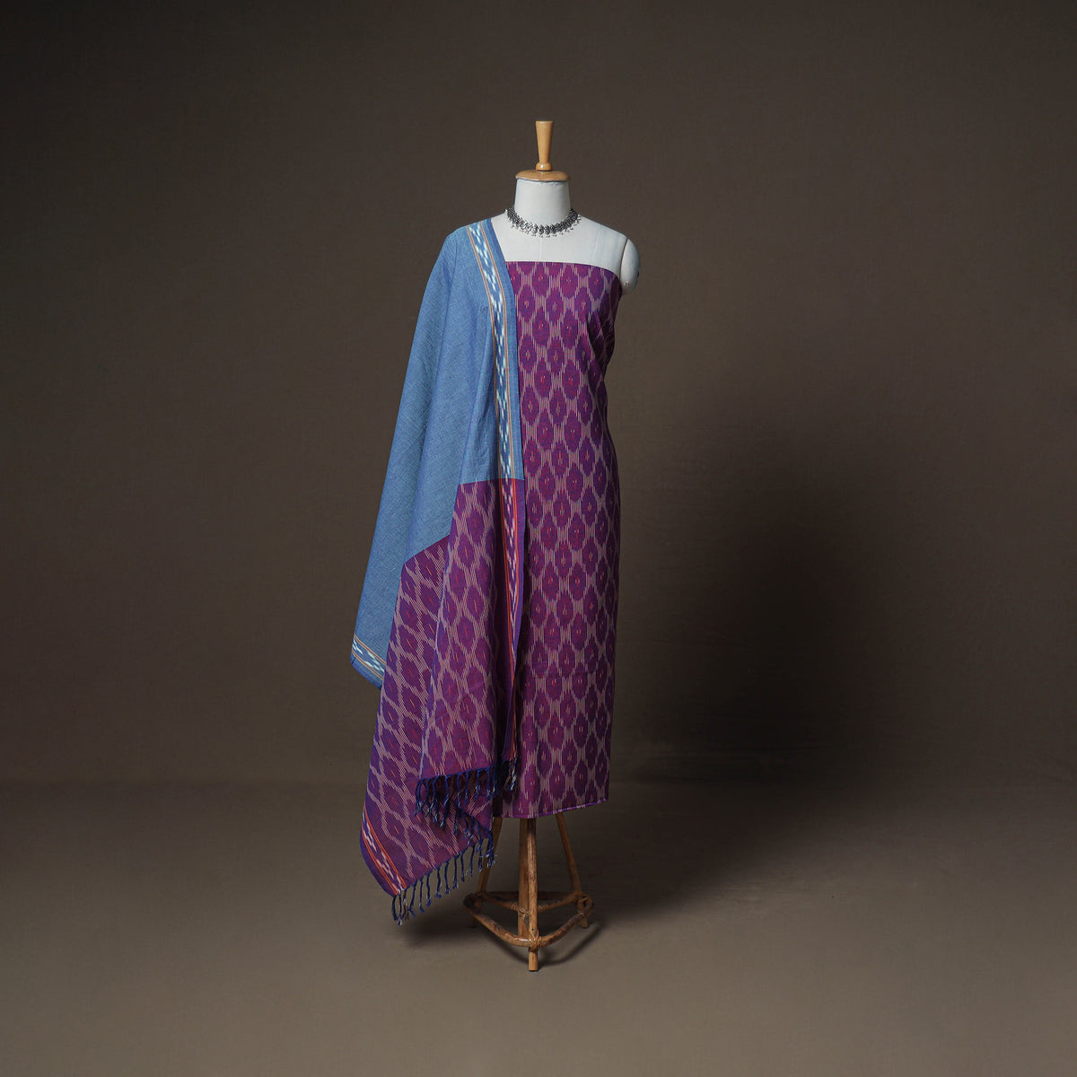 Pochampally Ikat Woven Cotton Unstitched Dress Material: Kurta, Bottom & Dupatta 13