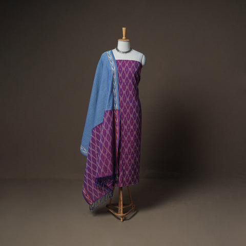 Purple - Pochampally Ikat Woven Cotton Unstitched Dress Material: Kurta, Bottom & Dupatta 13