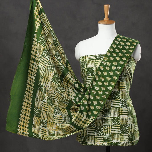 Green - 3pc Kutch Batik Printed Cotton Suit Material Set 06