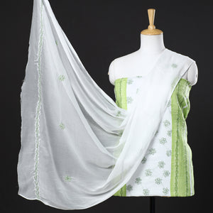 Green - 3pc Lucknow Chikankari Hand Embroidery Cotton Suit Material Set