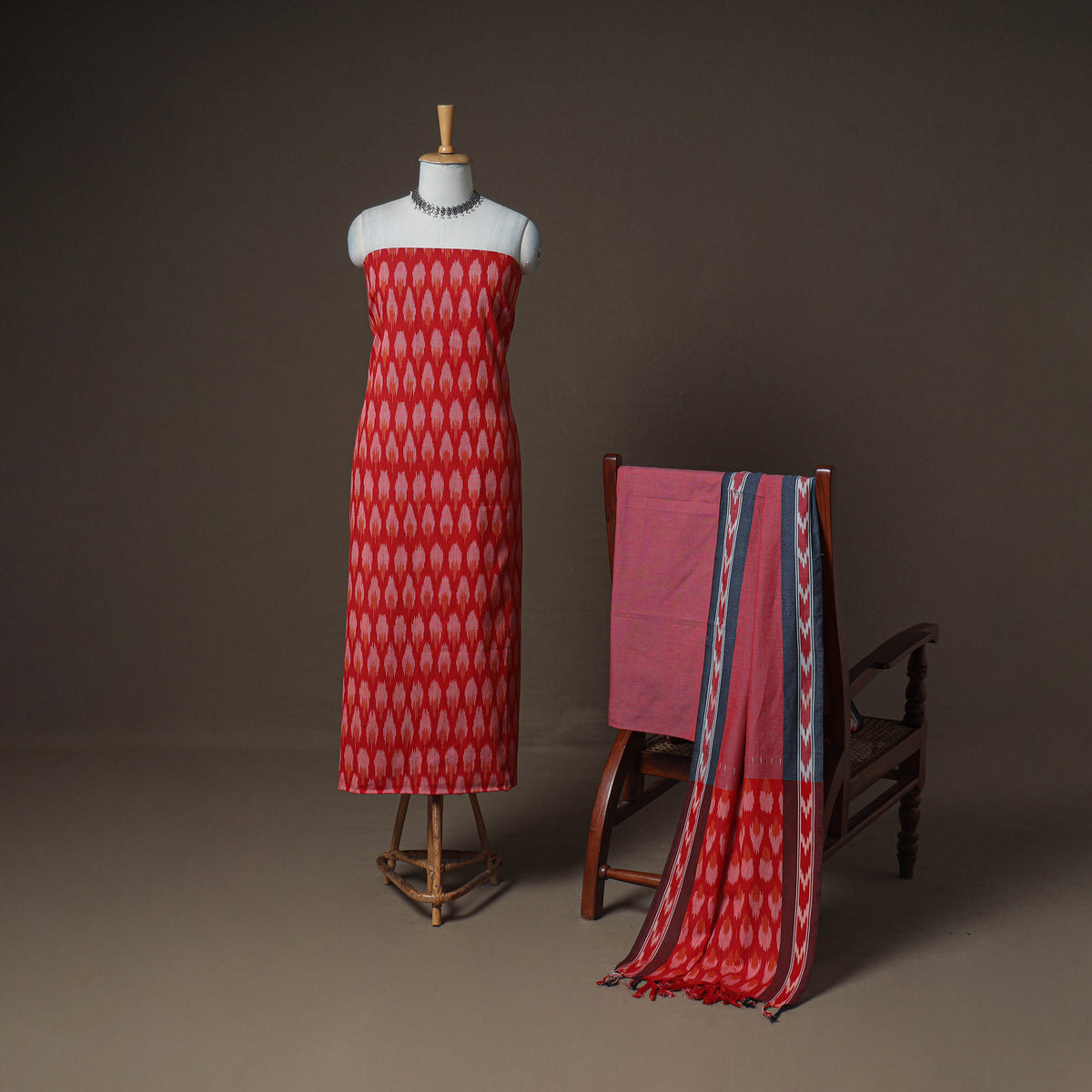 Pochampally Ikat Woven Cotton Unstitched Dress Material: Kurta, Bottom & Dupatta 14