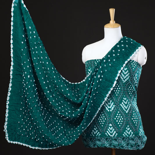 Green - 3pc Kutch Bandhani Tie-Dye Mirror Work Satin Cotton Suit Material Set