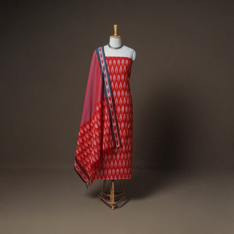 Red - Pochampally Ikat Woven Cotton Unstitched Dress Material: Kurta, Bottom & Dupatta 14