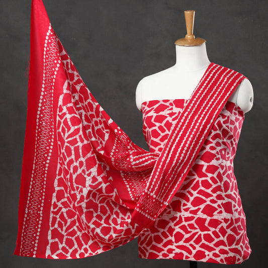 Red - 3pc Kutch Batik Printed Cotton Suit Material Set 12