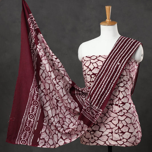 Brown - 3pc Kutch Batik Printed Cotton Suit Material Set 13