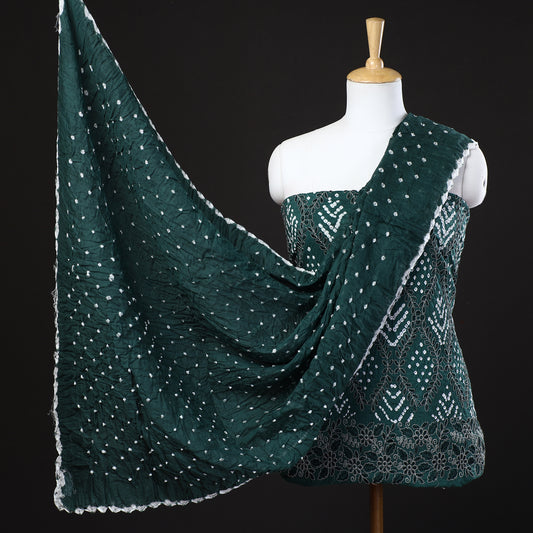 Green - 3pc Kutch Bandhani Tie-Dye Mirror Work Satin Cotton Suit Material Set