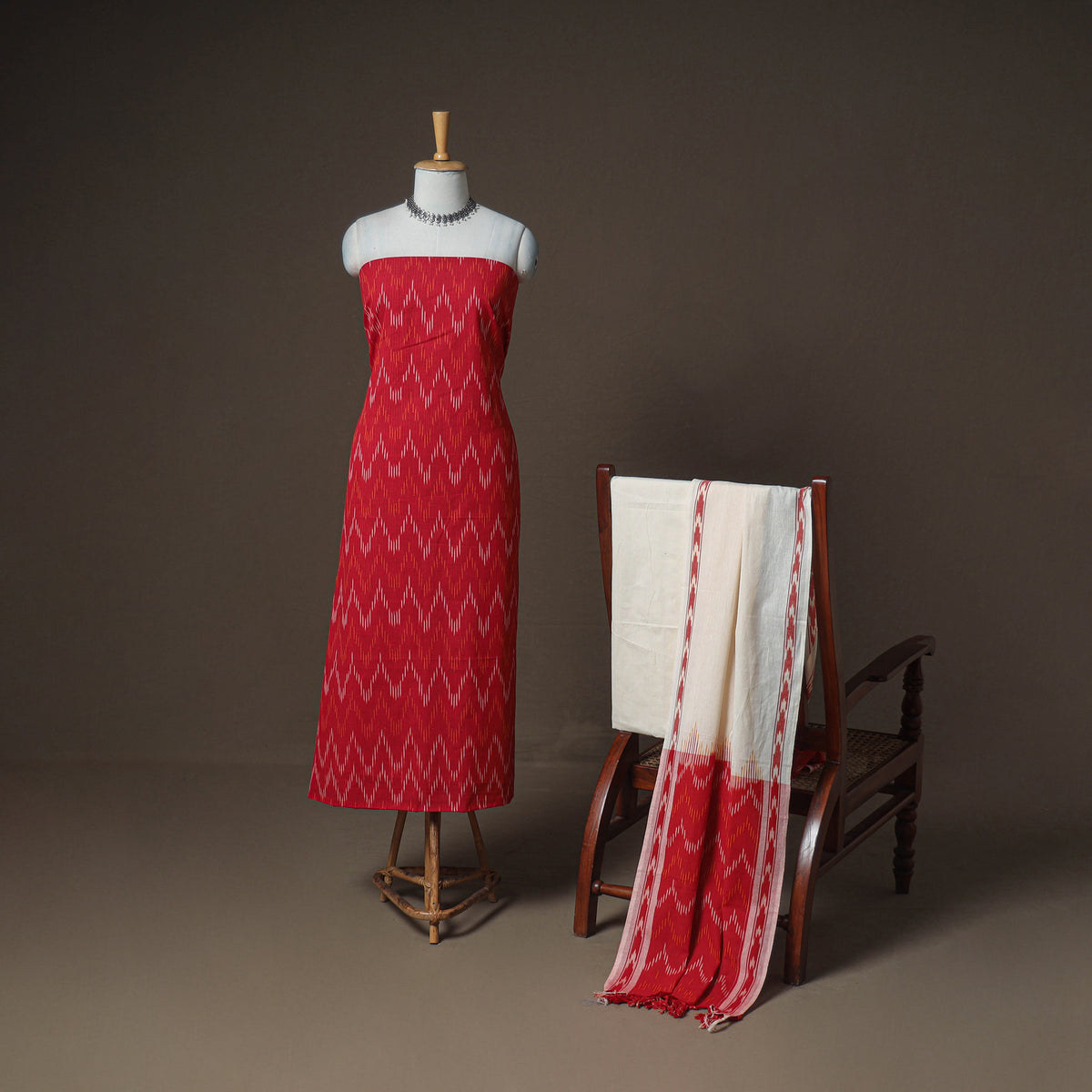 Pochampally Ikat Woven Cotton Unstitched Dress Material: Kurta, Bottom & Dupatta 15