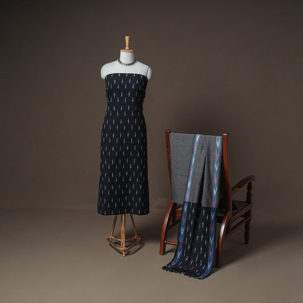 Pochampally Ikat Woven Cotton Unstitched Dress Material: Kurta, Bottom & Dupatta 16