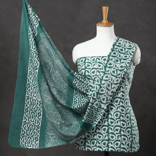Green - 3pc Kutch Batik Printed Cotton Suit Material Set 16