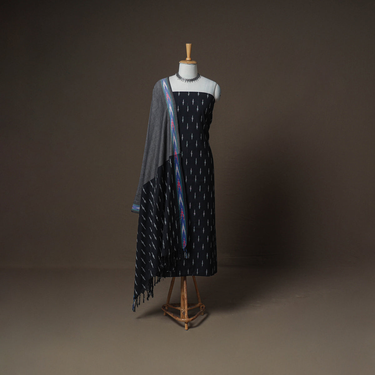 Pochampally Ikat Woven Cotton Unstitched Dress Material: Kurta, Bottom & Dupatta 16