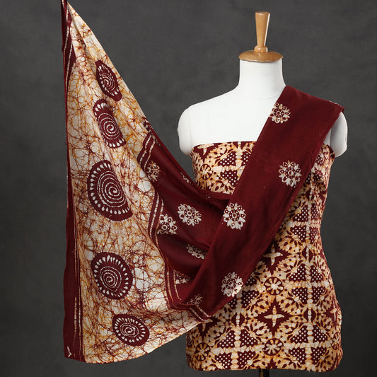 Brown - 3pc Kutch Batik Printed Cotton Suit Material Set 19