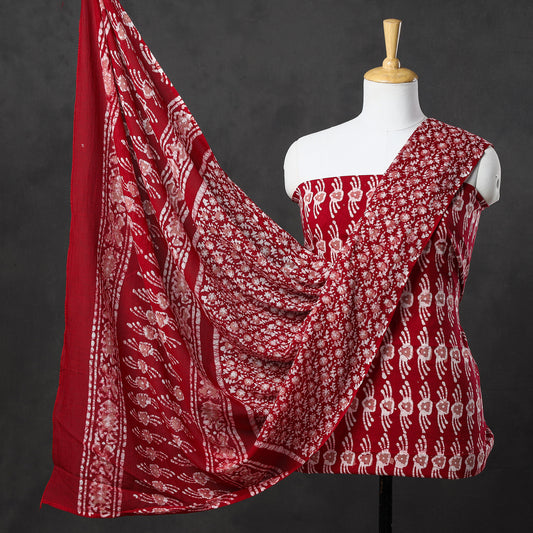 Red - 3pc Kutch Batik Printed Cotton Suit Material Set 25
