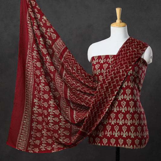 Red - 3pc Kutch Batik Printed Cotton Suit Material Set 26