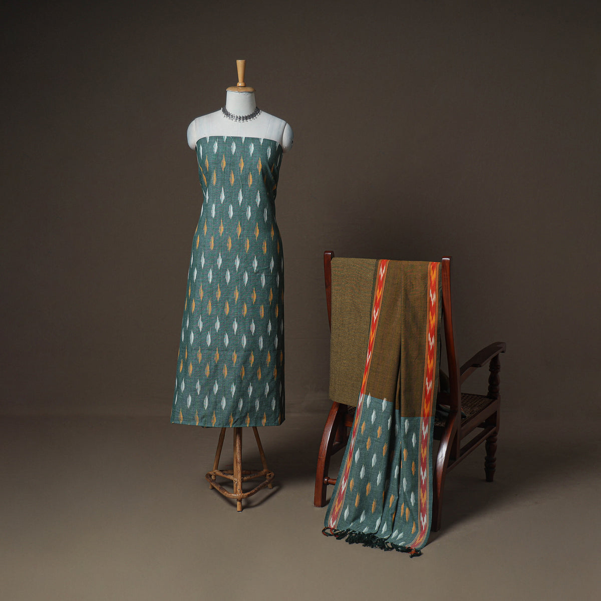 Pochampally Ikat Woven Cotton Unstitched Dress Material: Kurta, Bottom & Dupatta 18