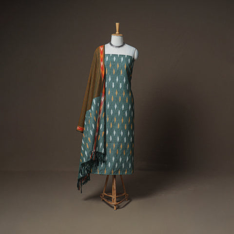 Green - Pochampally Ikat Woven Cotton Unstitched Dress Material: Kurta, Bottom & Dupatta 18