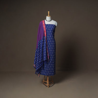 Pochampally Ikat Woven Cotton Unstitched Dress Material: Kurta, Bottom & Dupatta 19