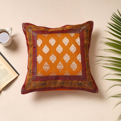 Yellow - Traditional Pure Banarasi Silk Handwoven Zari Cushion Cover (16 x 16 in)