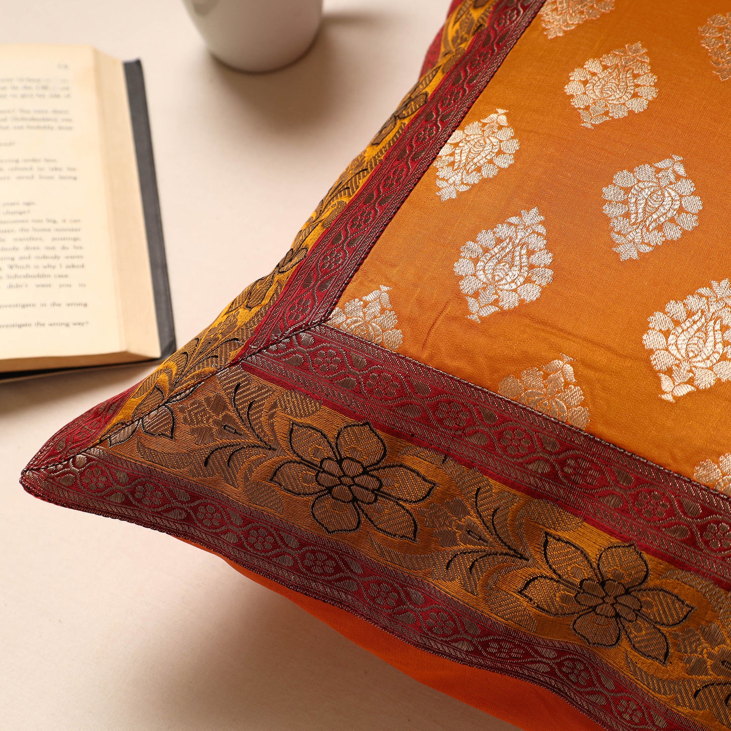 Yellow - Traditional Pure Banarasi Silk Handwoven Zari Cushion Cover (16 x 16 in)