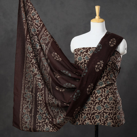 Brown - 3pc Kutch Batik Printed Cotton Suit Material Set 33