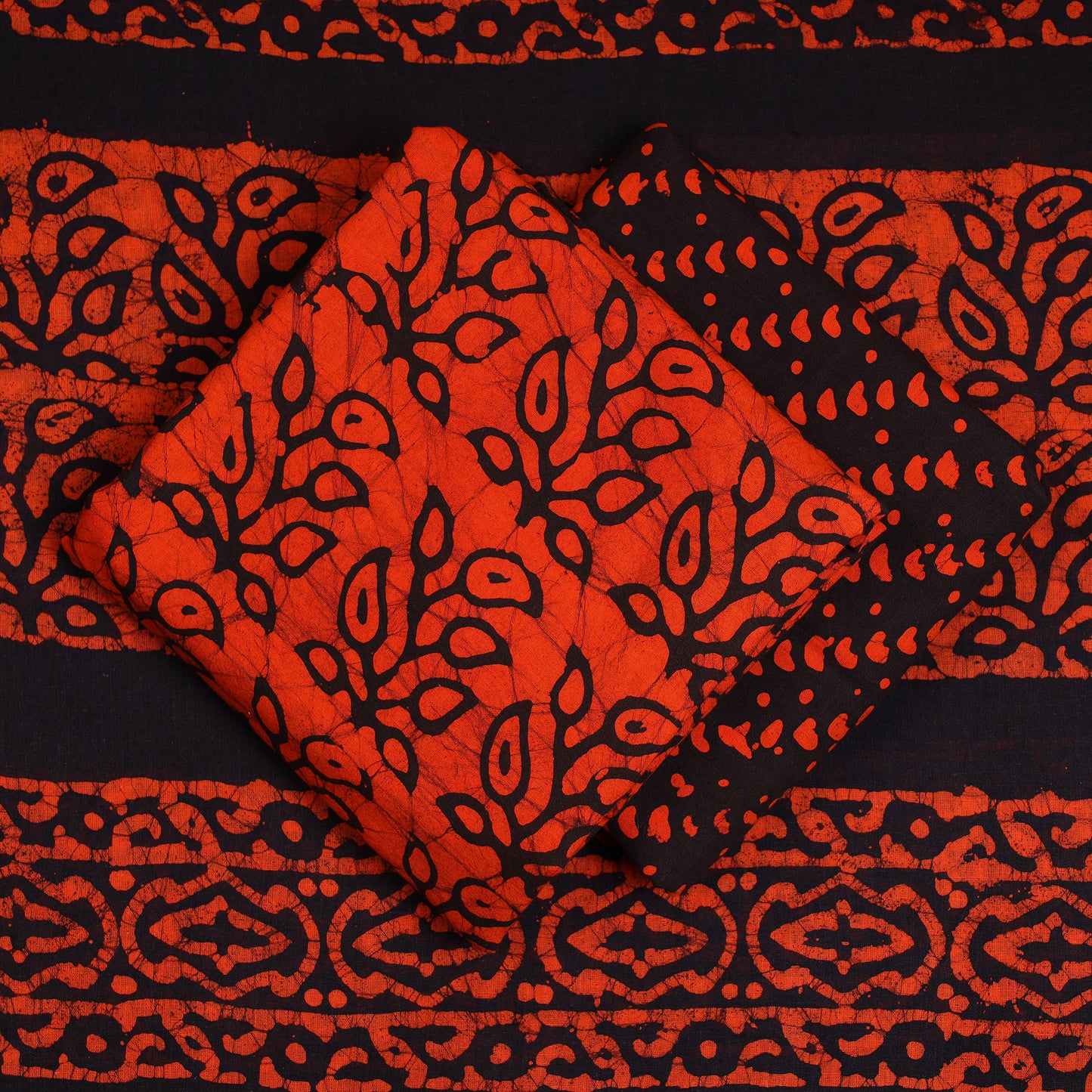 Orange - 3pc Kutch Batik Printed Cotton Suit Material Set 28