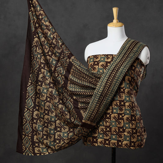 Brown - 3pc Kutch Batik Printed Cotton Suit Material Set 38