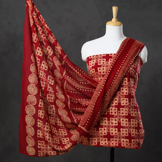 Red - 3pc Kutch Batik Printed Cotton Suit Material Set 39