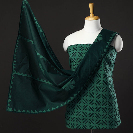 Green - 3pc Barmer Applique Cut Work Cotton Suit Material Set 02