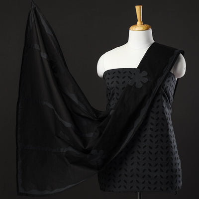 Black - 3pc Barmer Applique Cut Work Cotton Suit Material Set 06