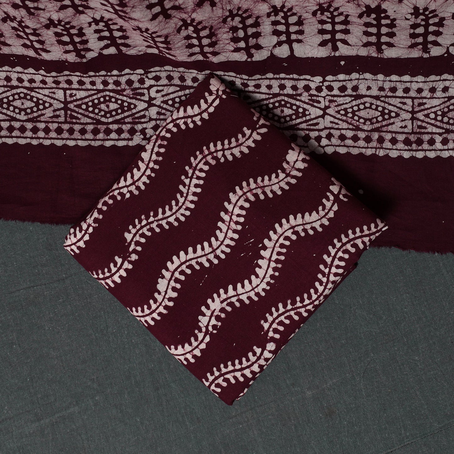 Kutch Hand Block Batik Print Cotton 3pc Unstitched Dress Material Suit Set 21