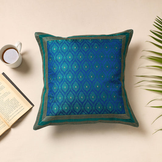 Blue - Traditional Pure Banarasi Silk Handwoven Zari Cushion Cover (16 x 16 in)