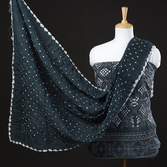 Grey - 3pc Kutch Bandhani Tie-Dye Zari Work Satin Cotton Suit Material Set