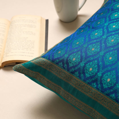 Blue - Traditional Pure Banarasi Silk Handwoven Zari Cushion Cover (16 x 16 in)