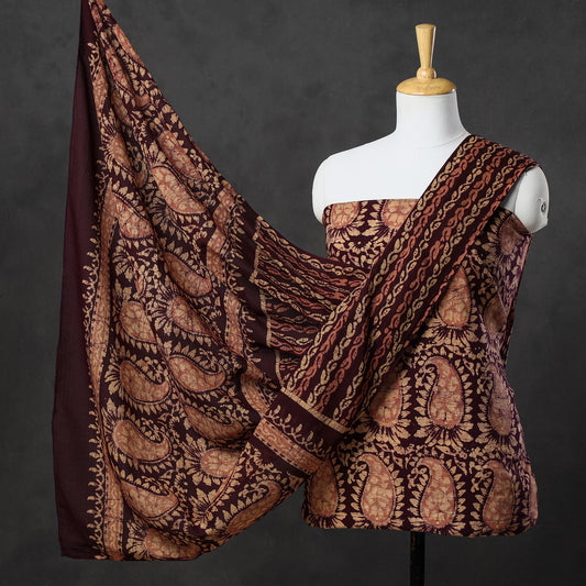 Brown - 3pc Kutch Batik Printed Cotton Suit Material Set 44