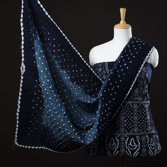 Blue - 3pc Kutch Bandhani Tie-Dye Zari Work Satin Cotton Suit Material Set