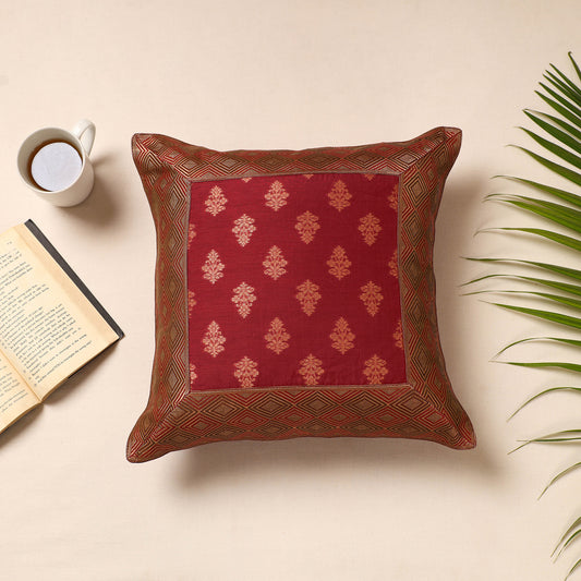 Red - Traditional Pure Banarasi Silk Handwoven Zari Cushion Cover (16 x 16 in)