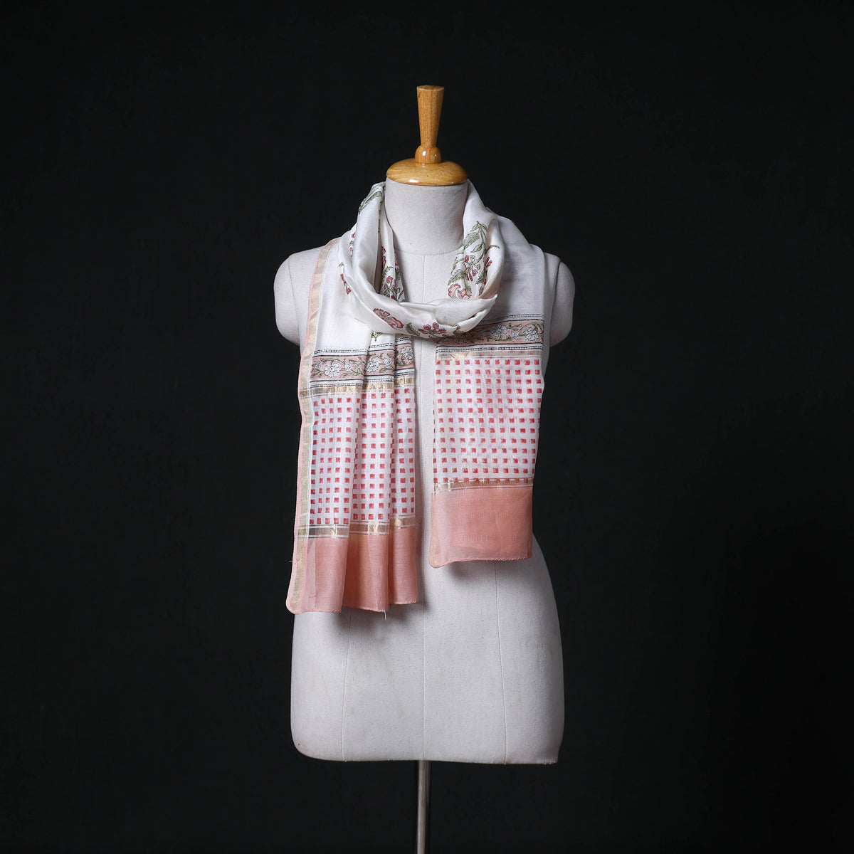 Sanganeri Handloom Chanderi Silk Hand Block Floral Print Stole 01