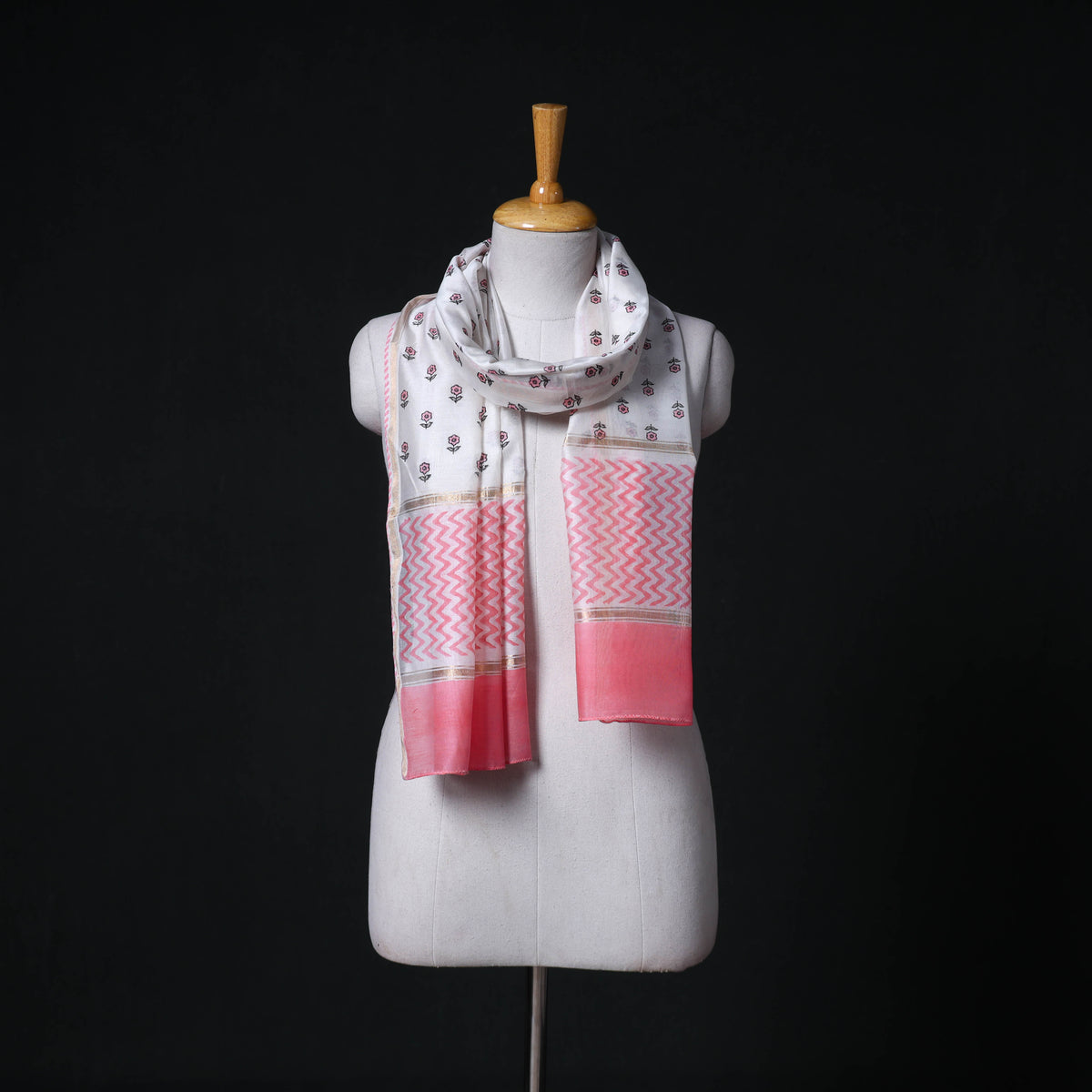 Sanganeri Handloom Chanderi Silk Hand Block Floral Print Stole 02
